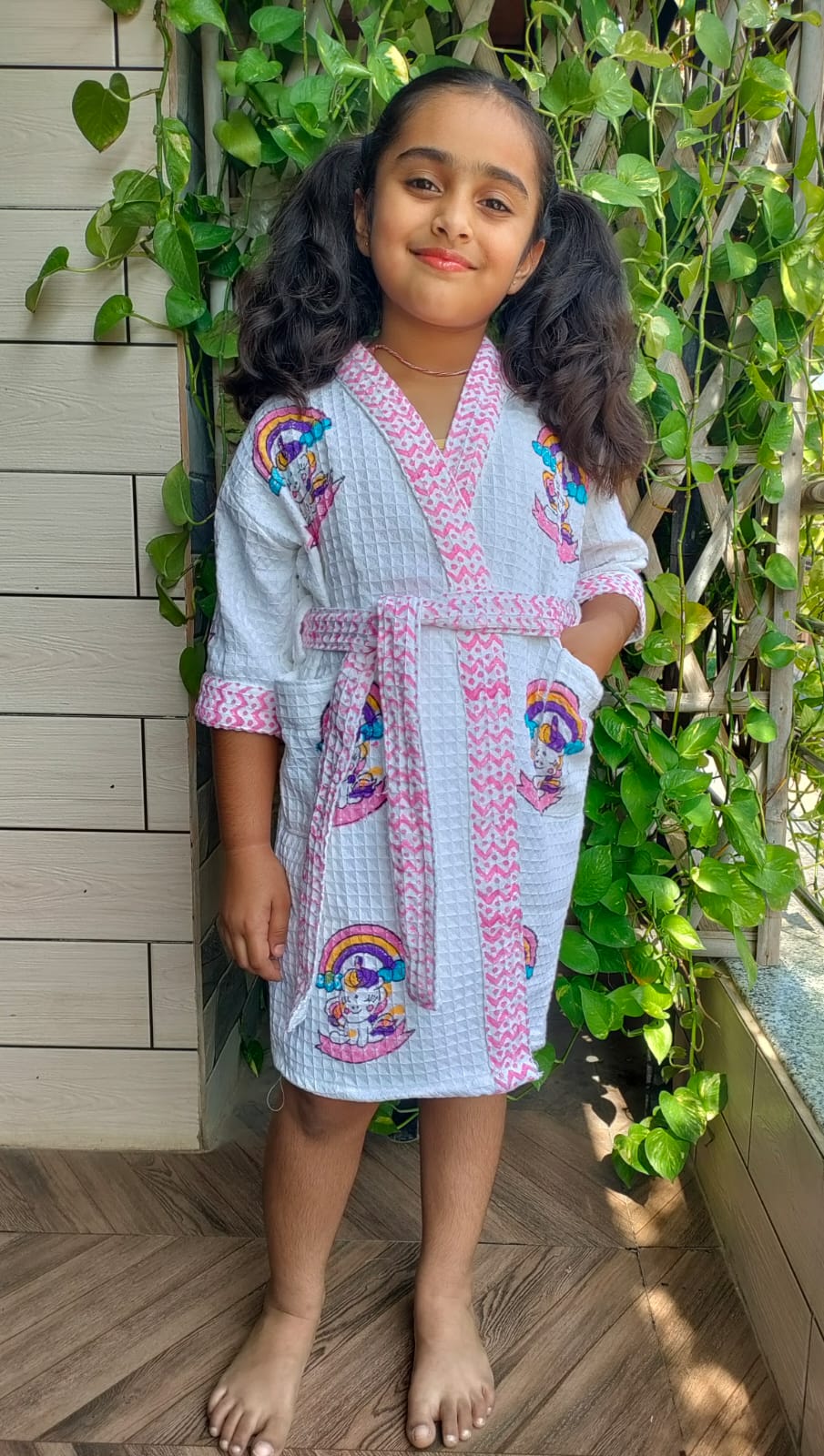 Kids Handblock Printed Waffle Cotton Bathrobe - Unicorn Wishes