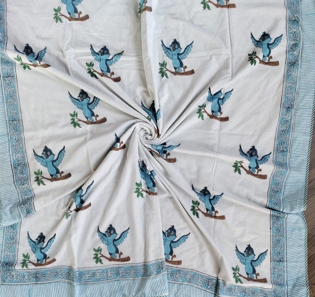 Kids Handblock Printed Mulmul Single Dohar - Bluebird Song