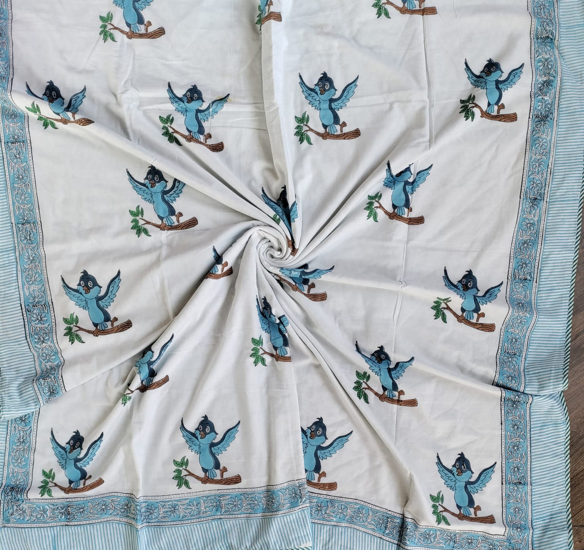 Kids Handblock Printed Mulmul Single Dohar - Bluebird Song