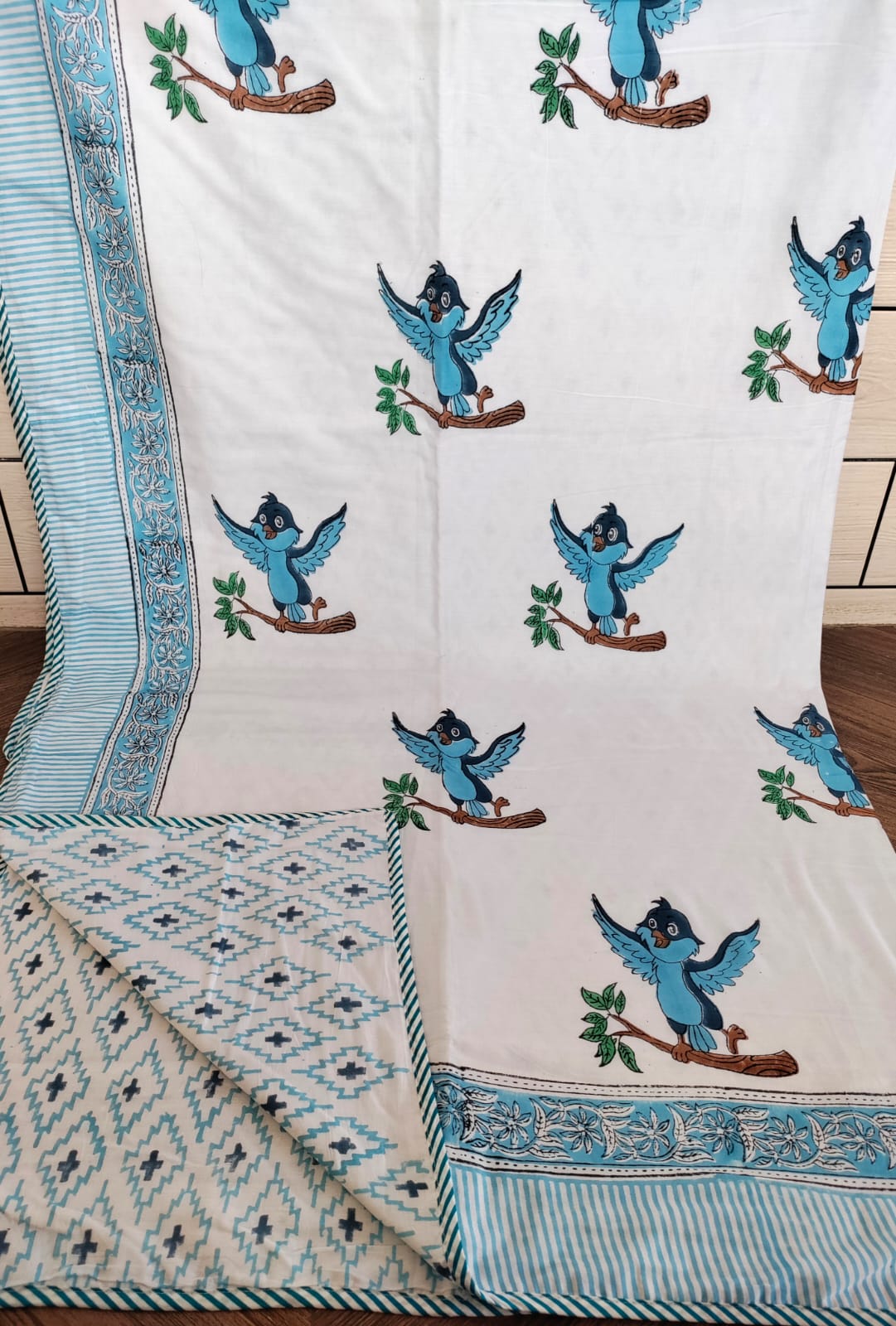 Kids Handblock Printed Mulmul Single Dohar - Bluebird Song