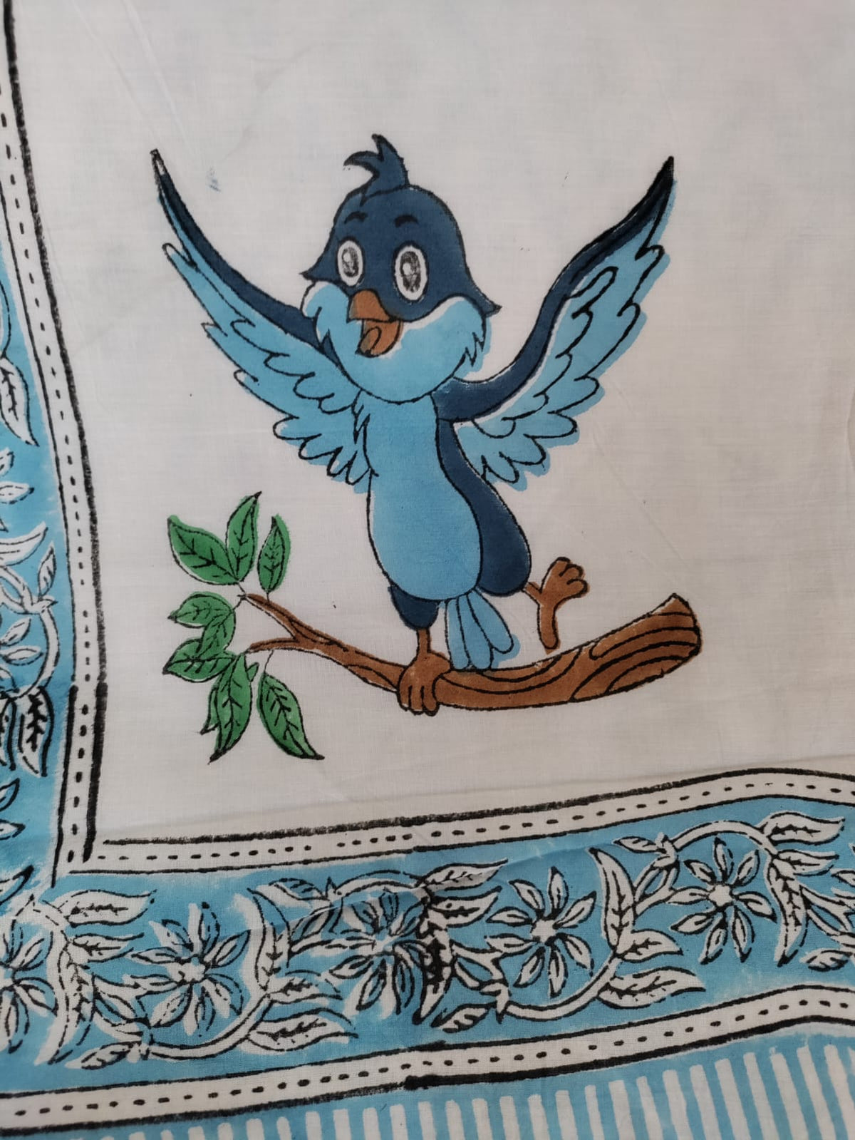 Kids Handblock Printed Mulmul Single Dohar - Bluebird Song