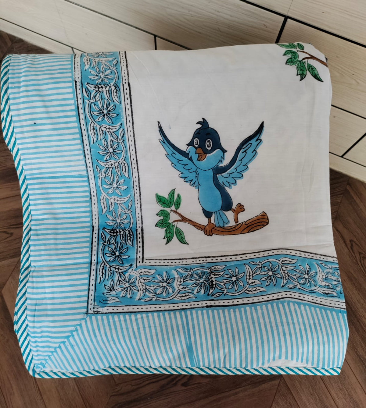 Kids Handblock Printed Mulmul Single Dohar - Bluebird Song
