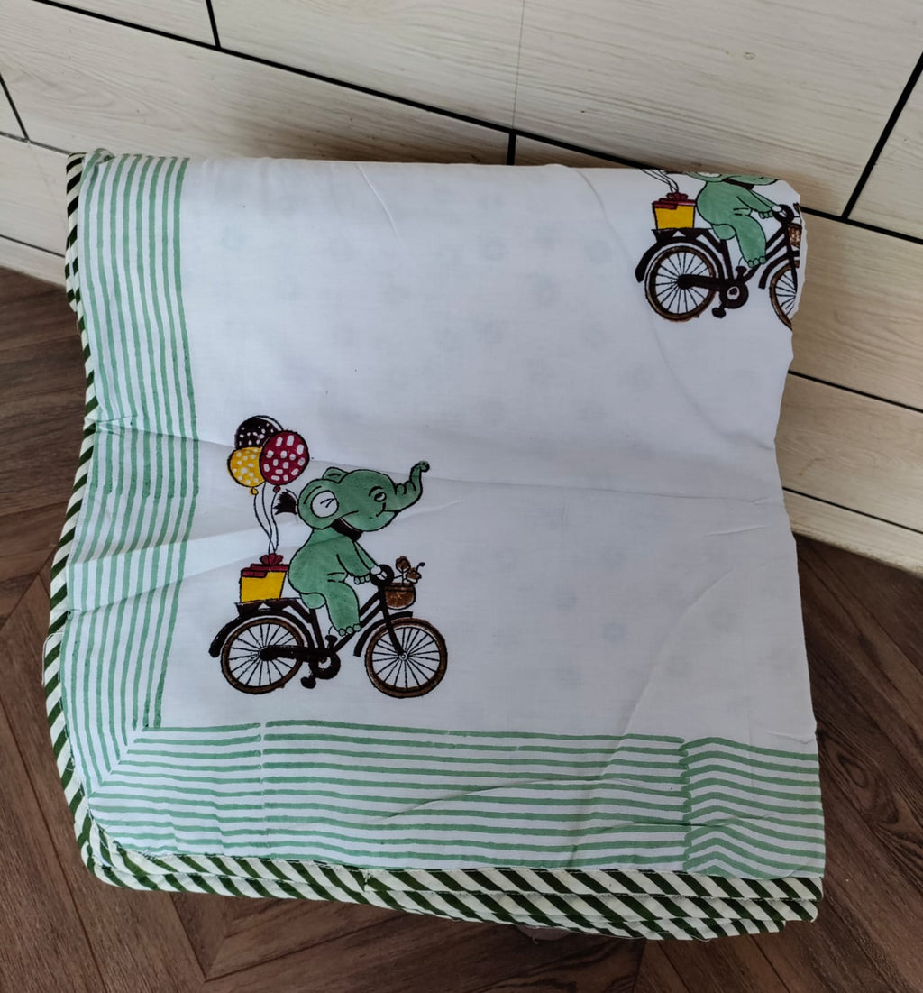 Kids Handblock Printed Mulmul Single Dohar - Elephant Adventure