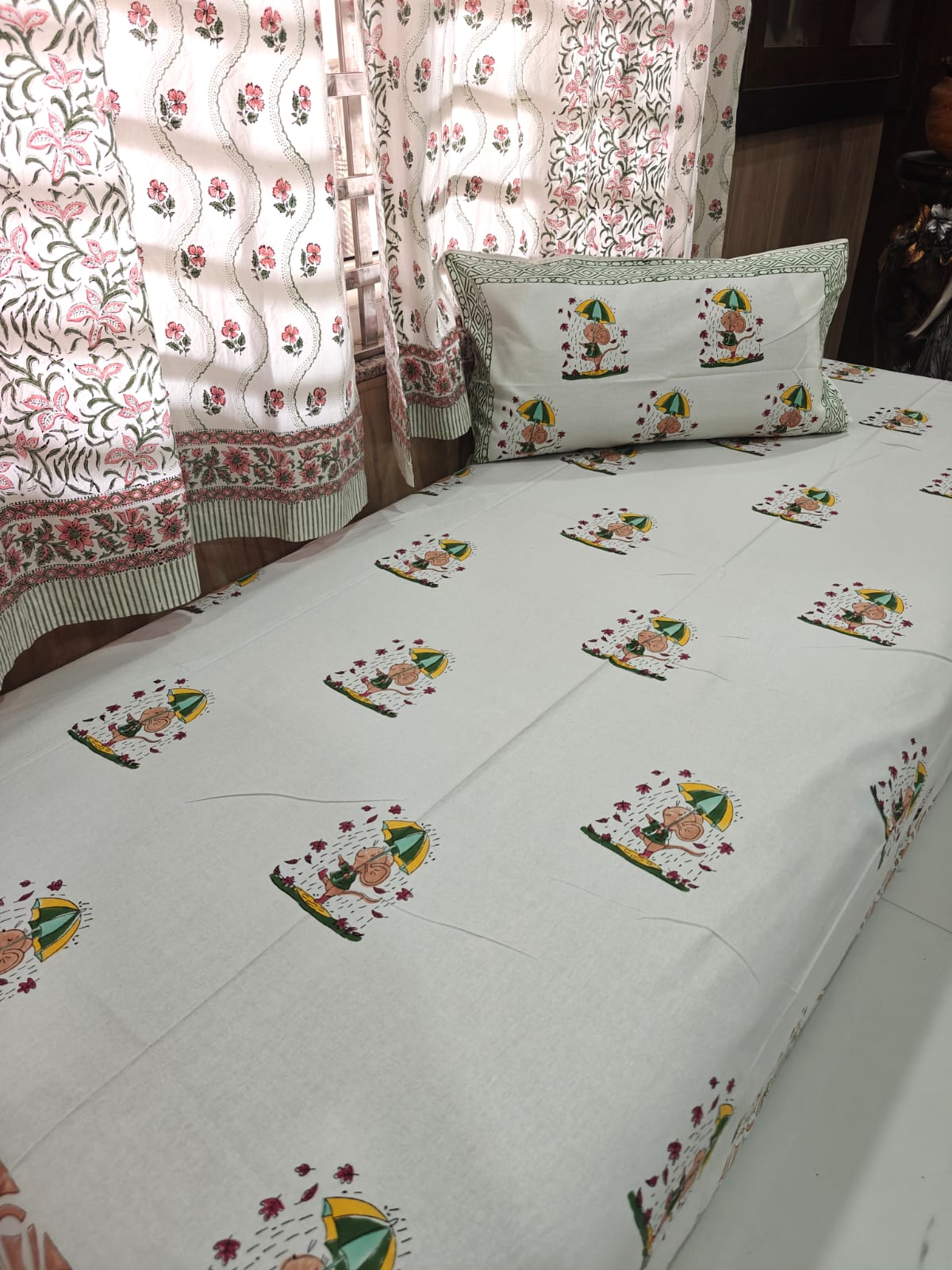 Handblock Printed Cotton Kids Single Bedsheet - Monsoon Ellie