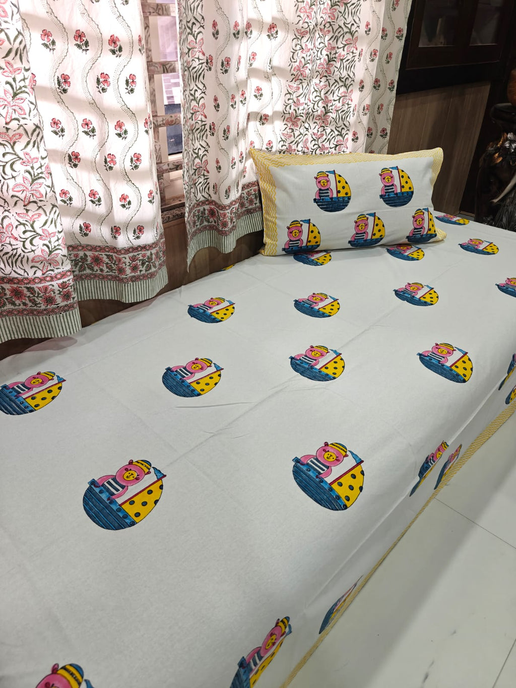 Handblock Printed Cotton Kids Single Bedsheet - Sailor Buddies
