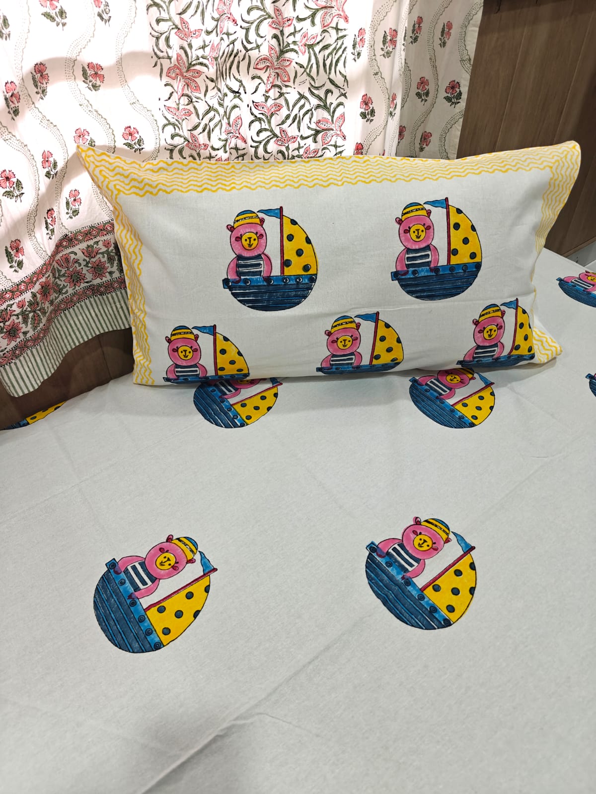 Handblock Printed Cotton Kids Single Bedsheet - Sailor Buddies