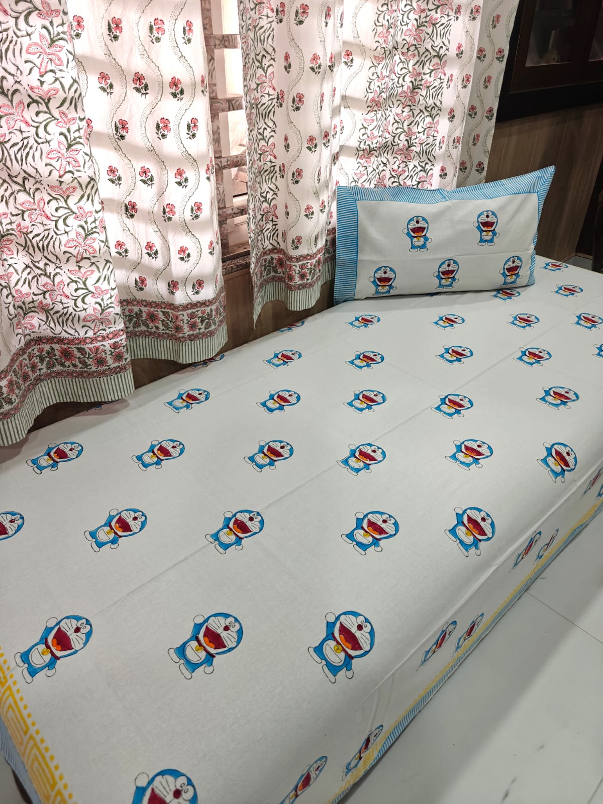 Handblock Printed Cotton Kids Single Bedsheet - Blue Buddy Bloom
