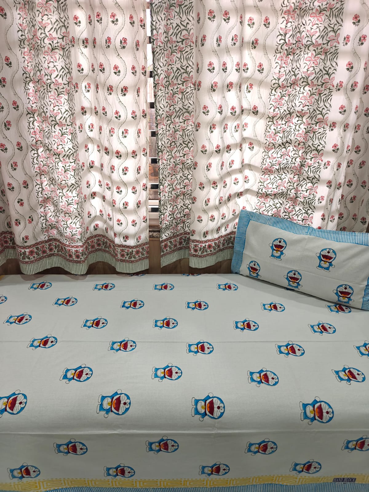 Handblock Printed Cotton Kids Single Bedsheet - Blue Buddy Bloom
