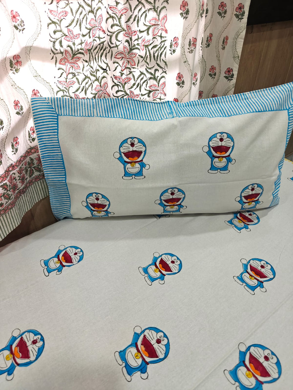 Handblock Printed Cotton Kids Single Bedsheet - Blue Buddy Bloom