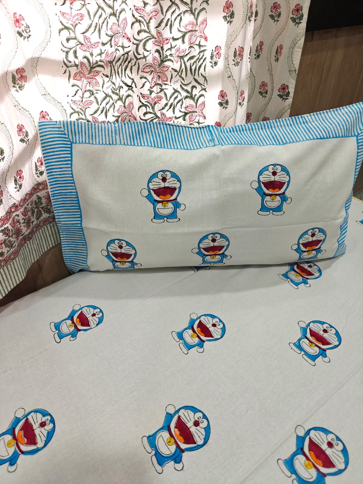 Handblock Printed Cotton Kids Single Bedsheet - Blue Buddy Bloom