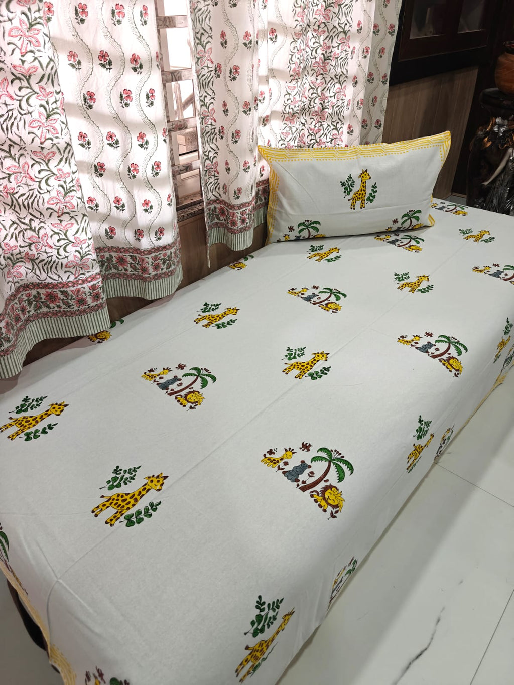 Handblock Printed Cotton Kids Single Bedsheet - Safari Smiles