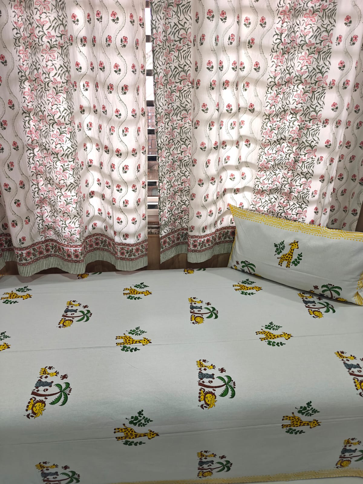 Handblock Printed Cotton Kids Single Bedsheet - Safari Smiles