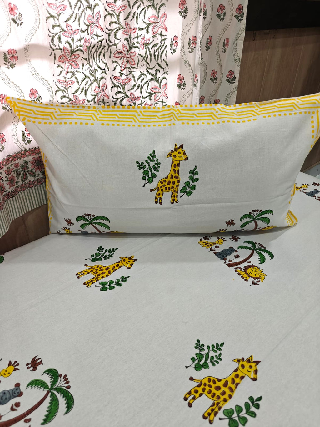 Handblock Printed Cotton Kids Single Bedsheet - Safari Smiles