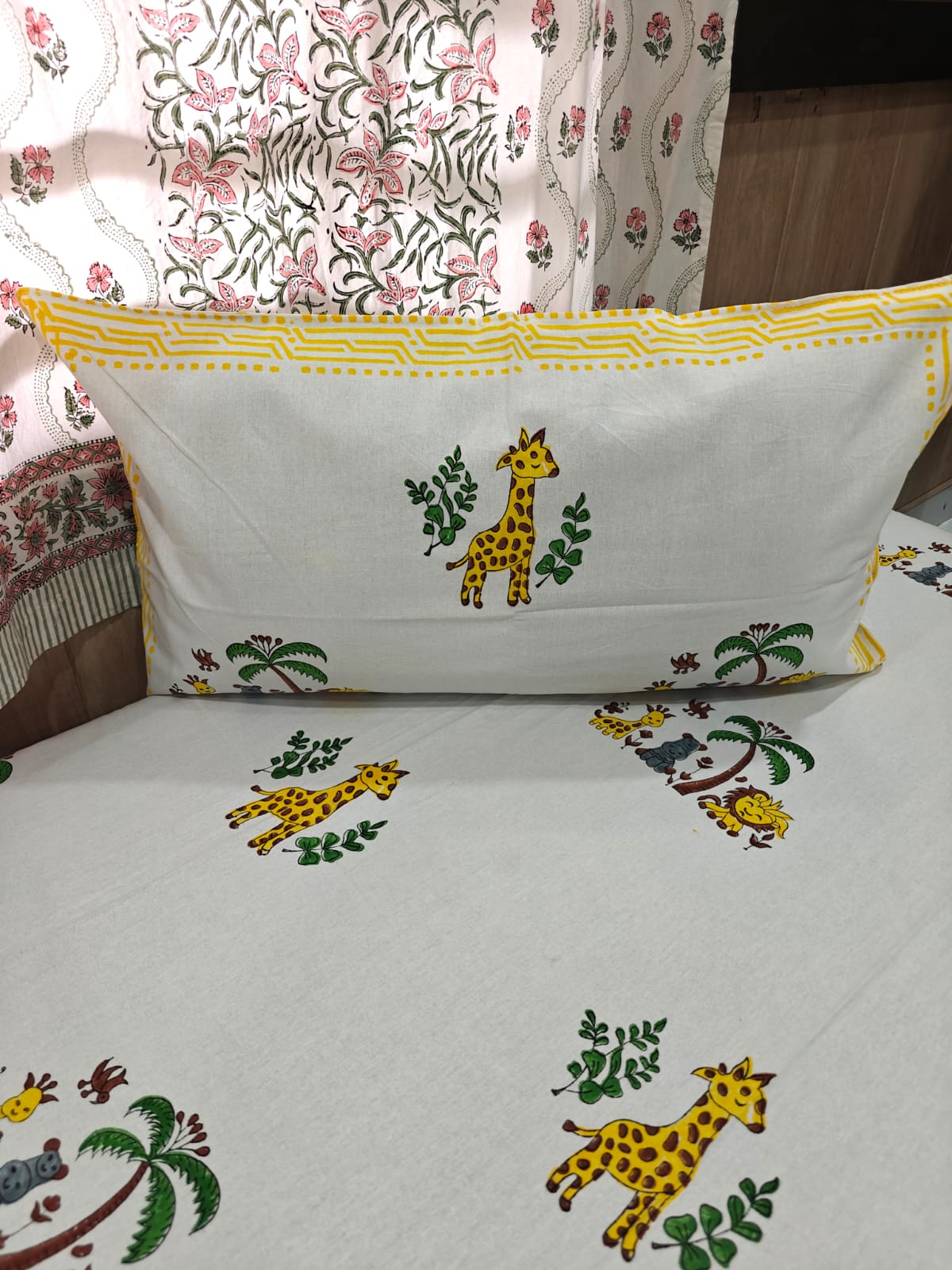 Handblock Printed Cotton Kids Single Bedsheet - Safari Smiles