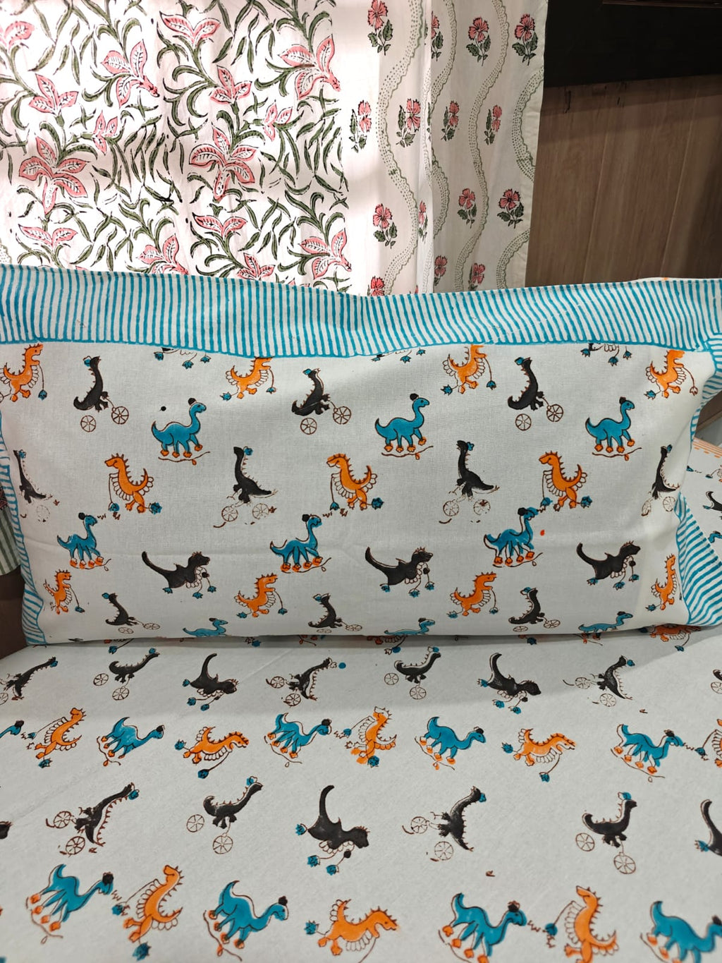 Handblock Printed Cotton Kids Single Bedsheet - Dino Dash