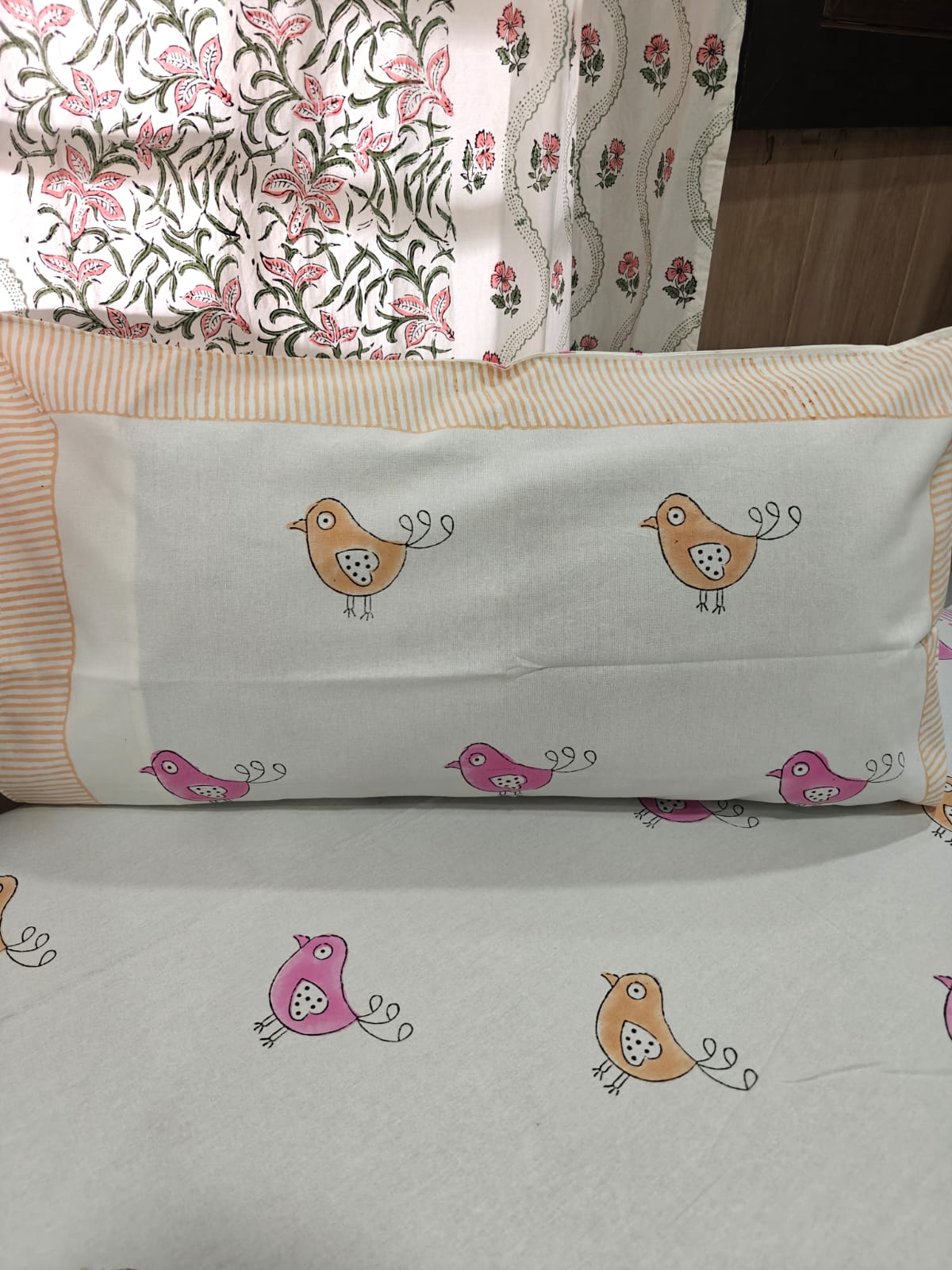 Handblock Printed Cotton Kids Single Bedsheet - Chirpy Bird