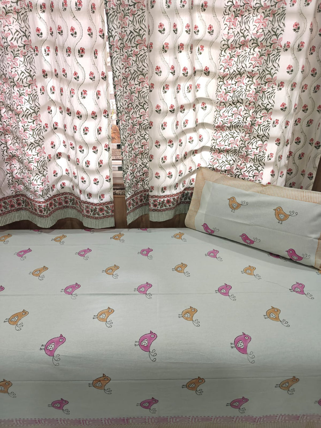 Handblock Printed Cotton Kids Single Bedsheet - Chirpy Bird