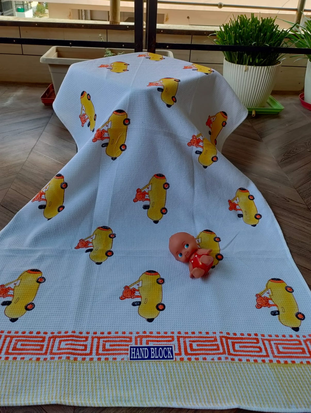 Kids Handblock Printed Waffle Cotton Bath Towel - Teddy Ride
