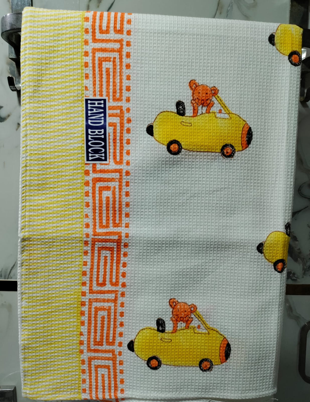 Kids Handblock Printed Waffle Cotton Bath Towel - Teddy Ride