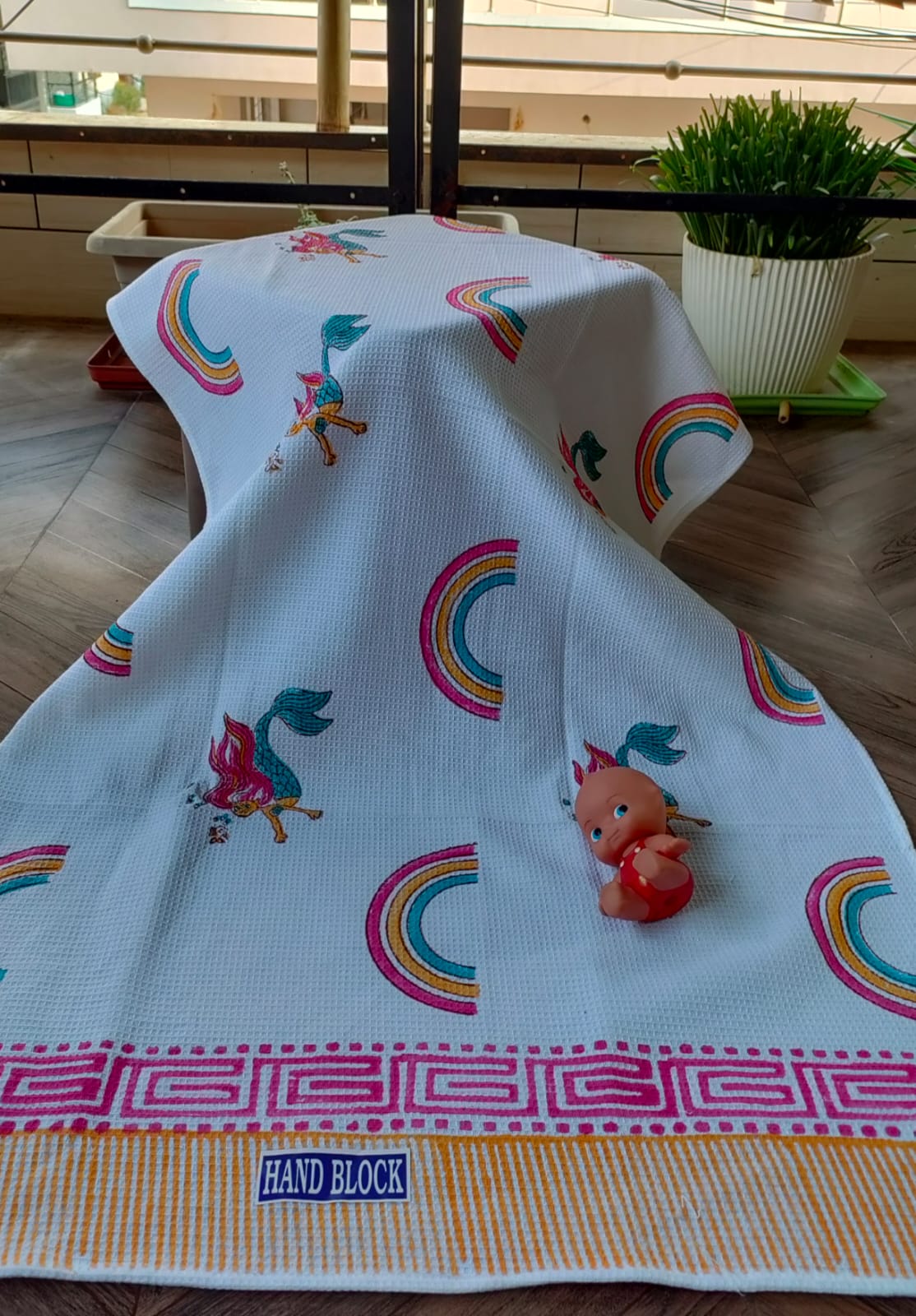 Kids Handblock Printed Waffle Cotton Bath Towel - Rainbow Smiles
