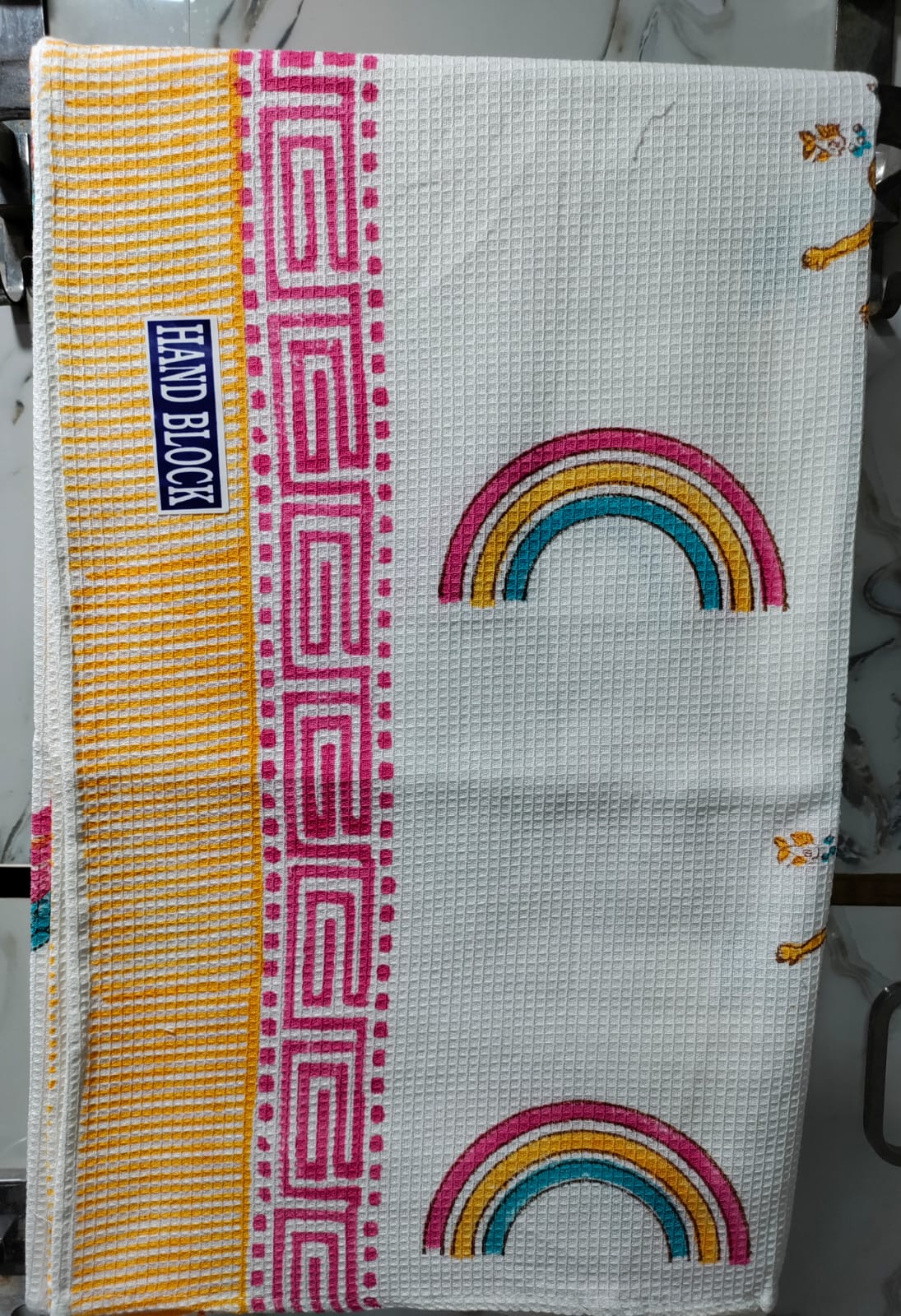 Kids Handblock Printed Waffle Cotton Bath Towel - Rainbow Smiles