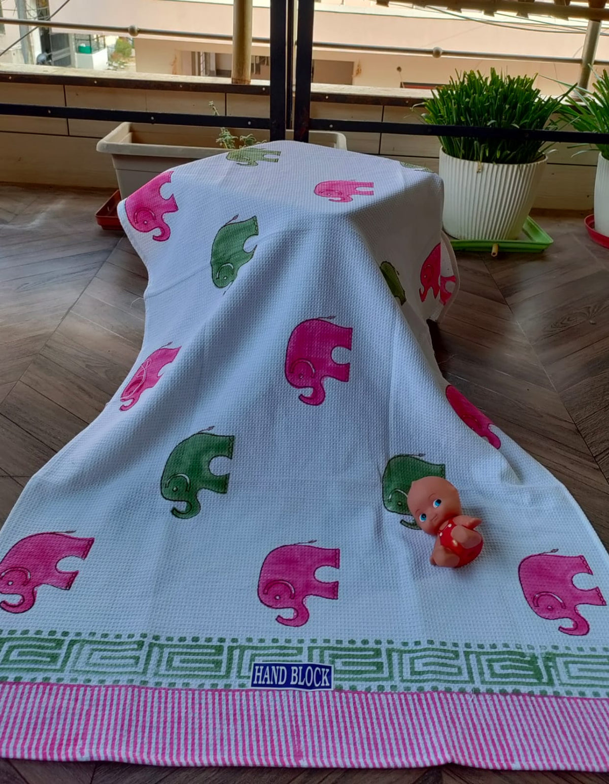 Kids Handblock Printed Waffle Cotton Bath Towel - Pink Ellie