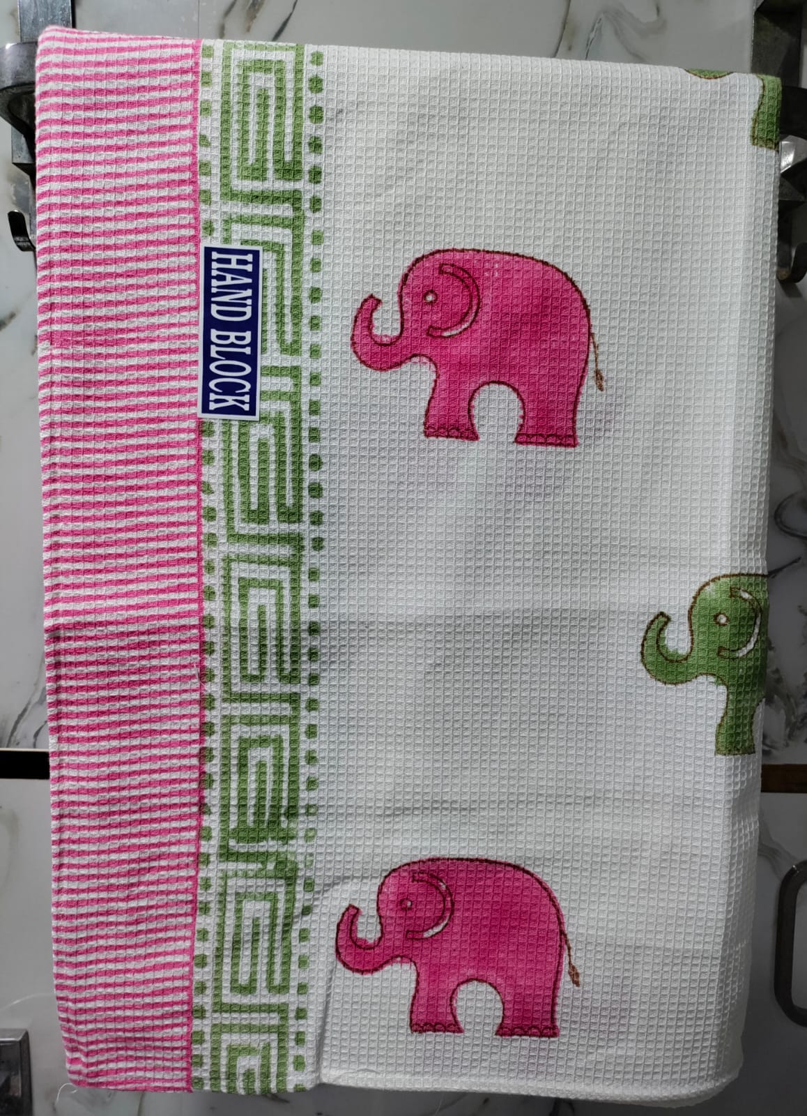 Kids Handblock Printed Waffle Cotton Bath Towel - Pink Ellie