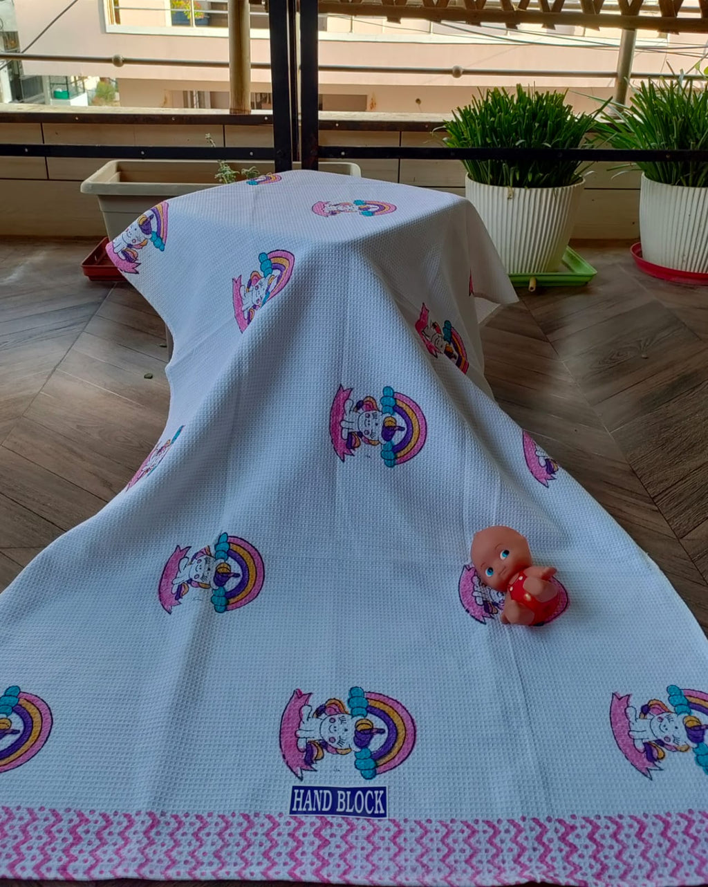 Kids Handblock Printed Waffle Cotton Bath Towel - Unicorn Wishes
