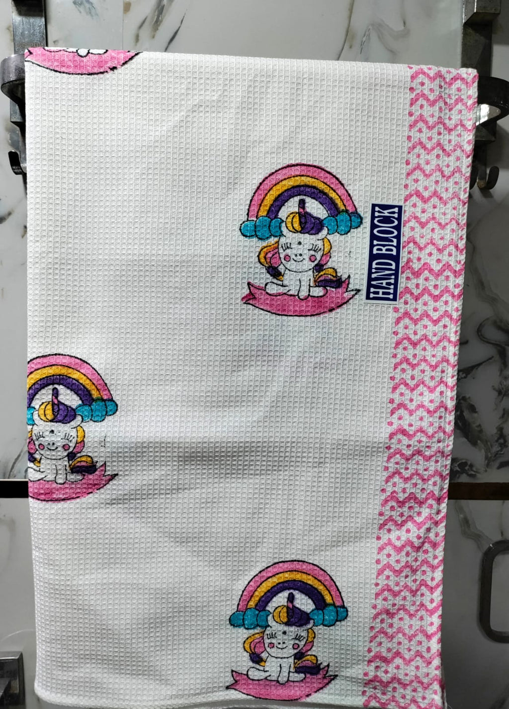 Kids Handblock Printed Waffle Cotton Bath Towel - Unicorn Wishes