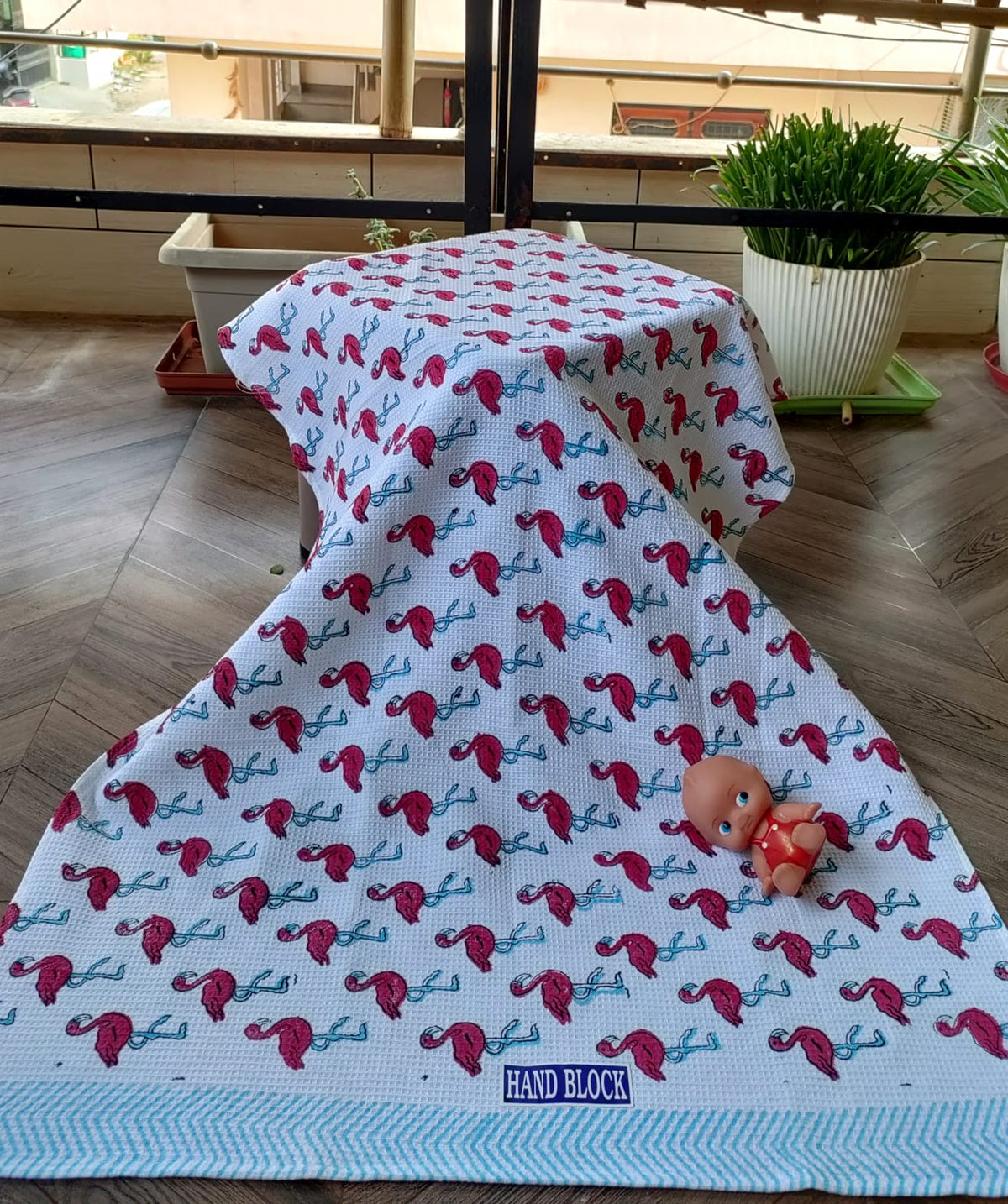Kids Handblock Printed Waffle Cotton Bath Towel - Flamingo Fun