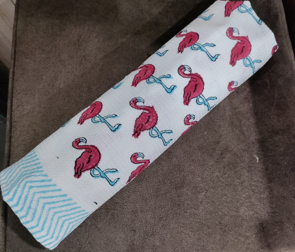 Kids Handblock Printed Waffle Cotton Bath Towel - Flamingo Fun