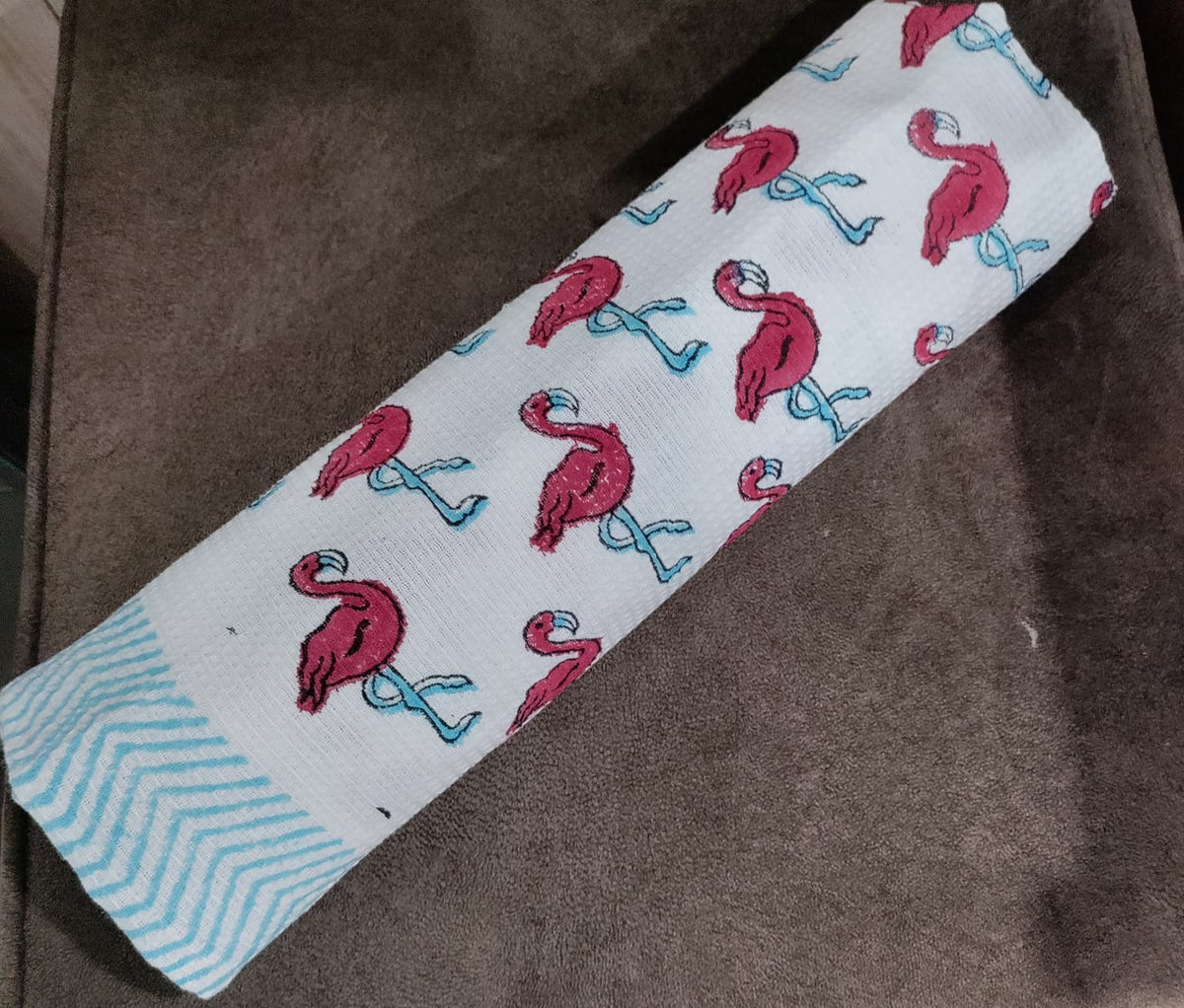 Kids Handblock Printed Waffle Cotton Bath Towel - Flamingo Fun