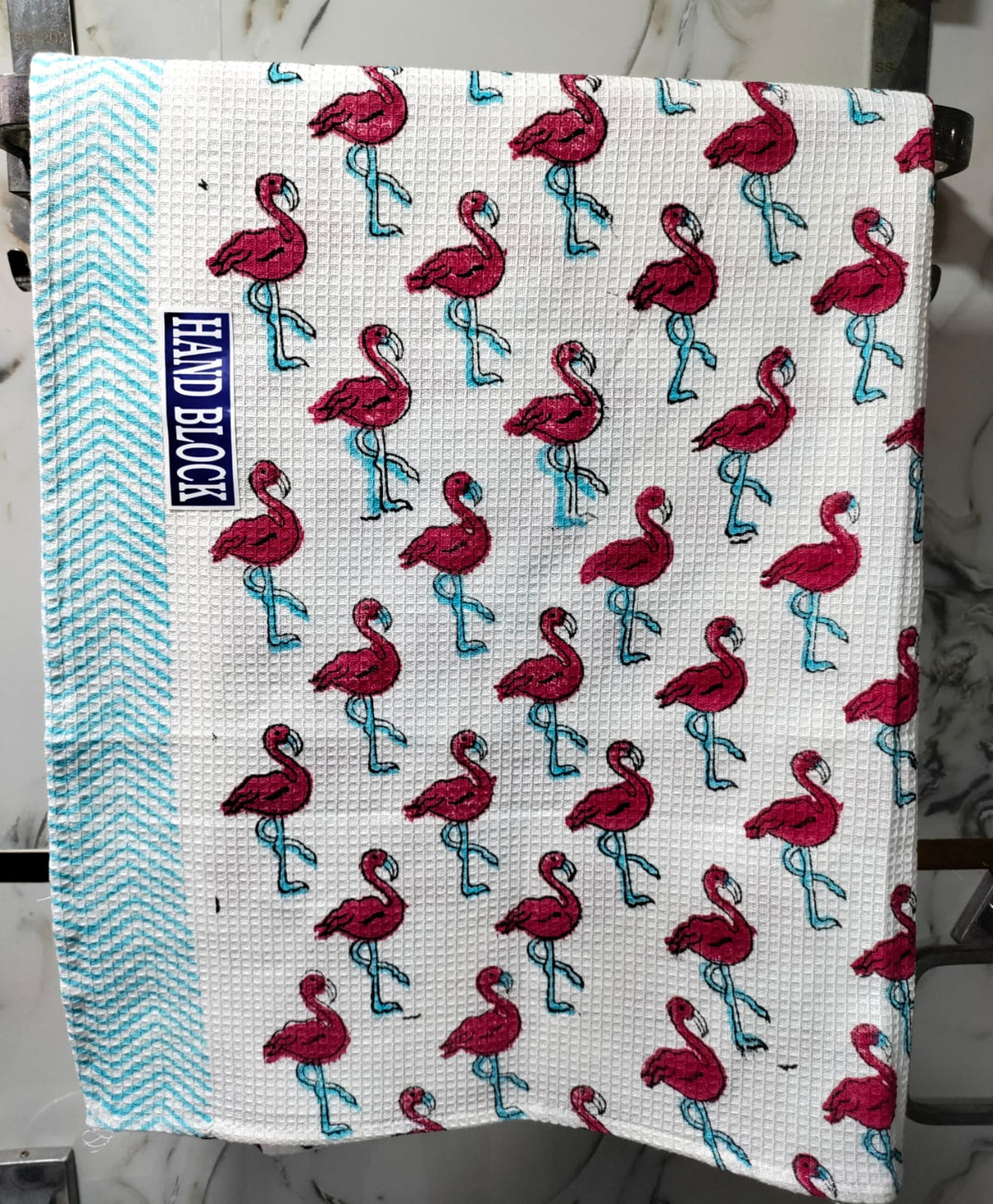 Kids Handblock Printed Waffle Cotton Bath Towel - Flamingo Fun