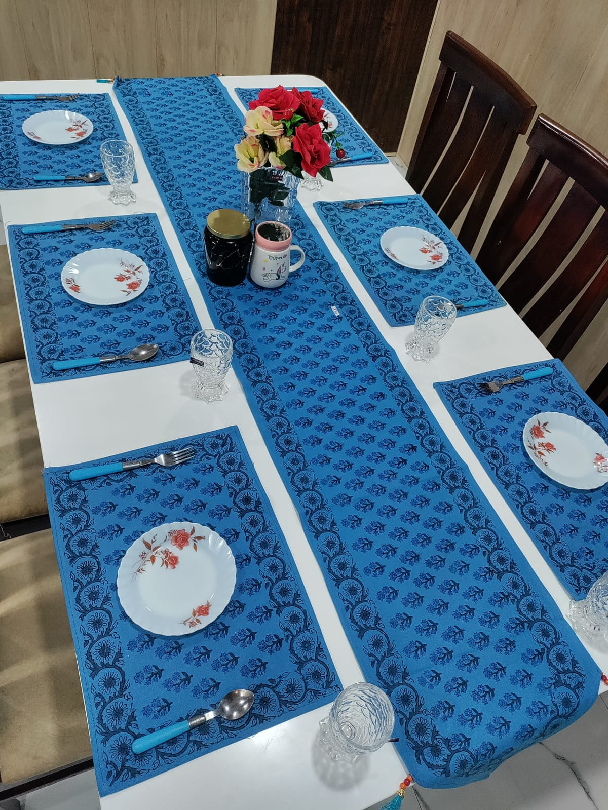 Handblock Printed Table Runner & Mat Set – 7 Pieces