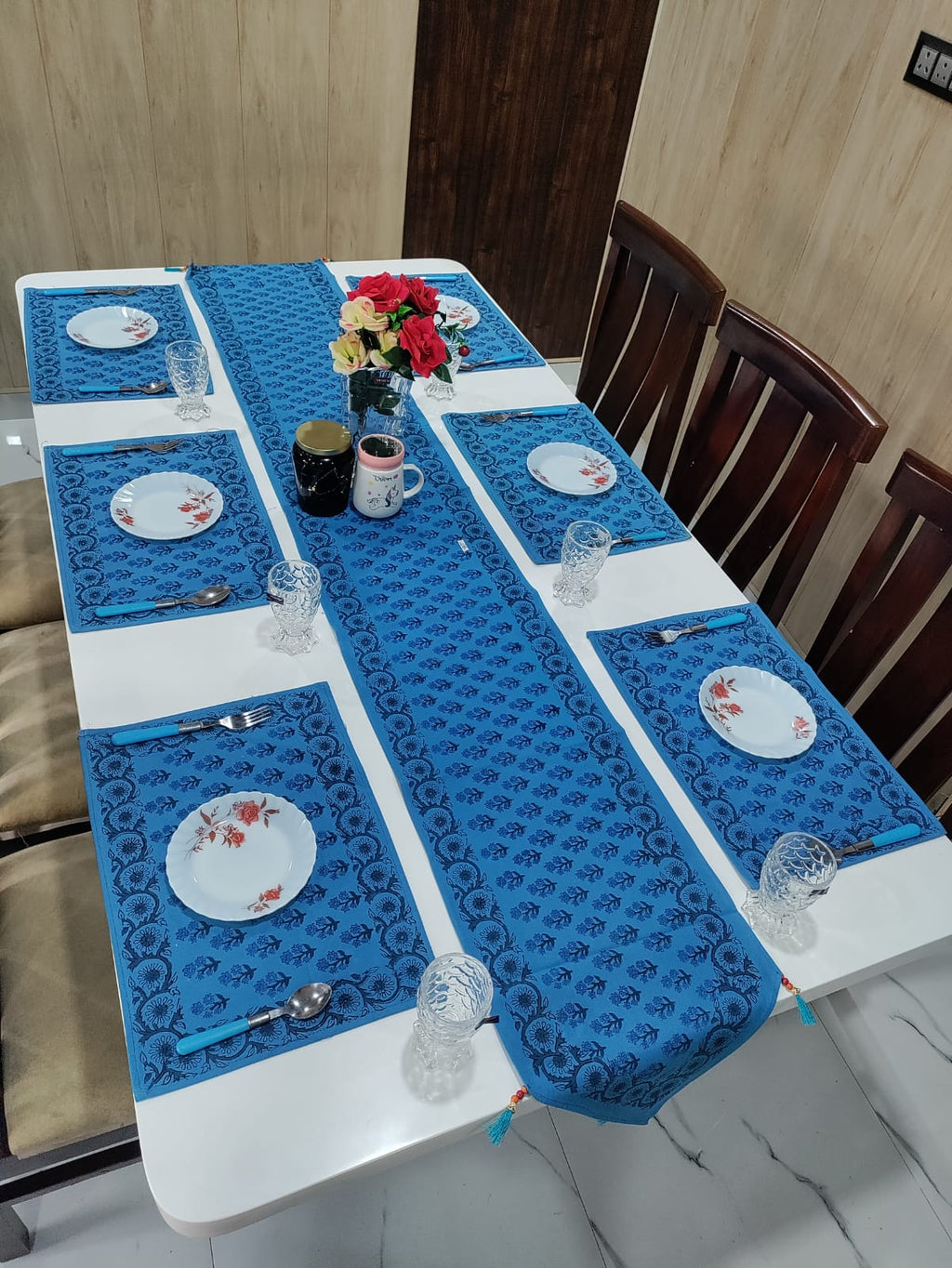 Handblock Printed Table Runner & Mat Set – 7 Pieces