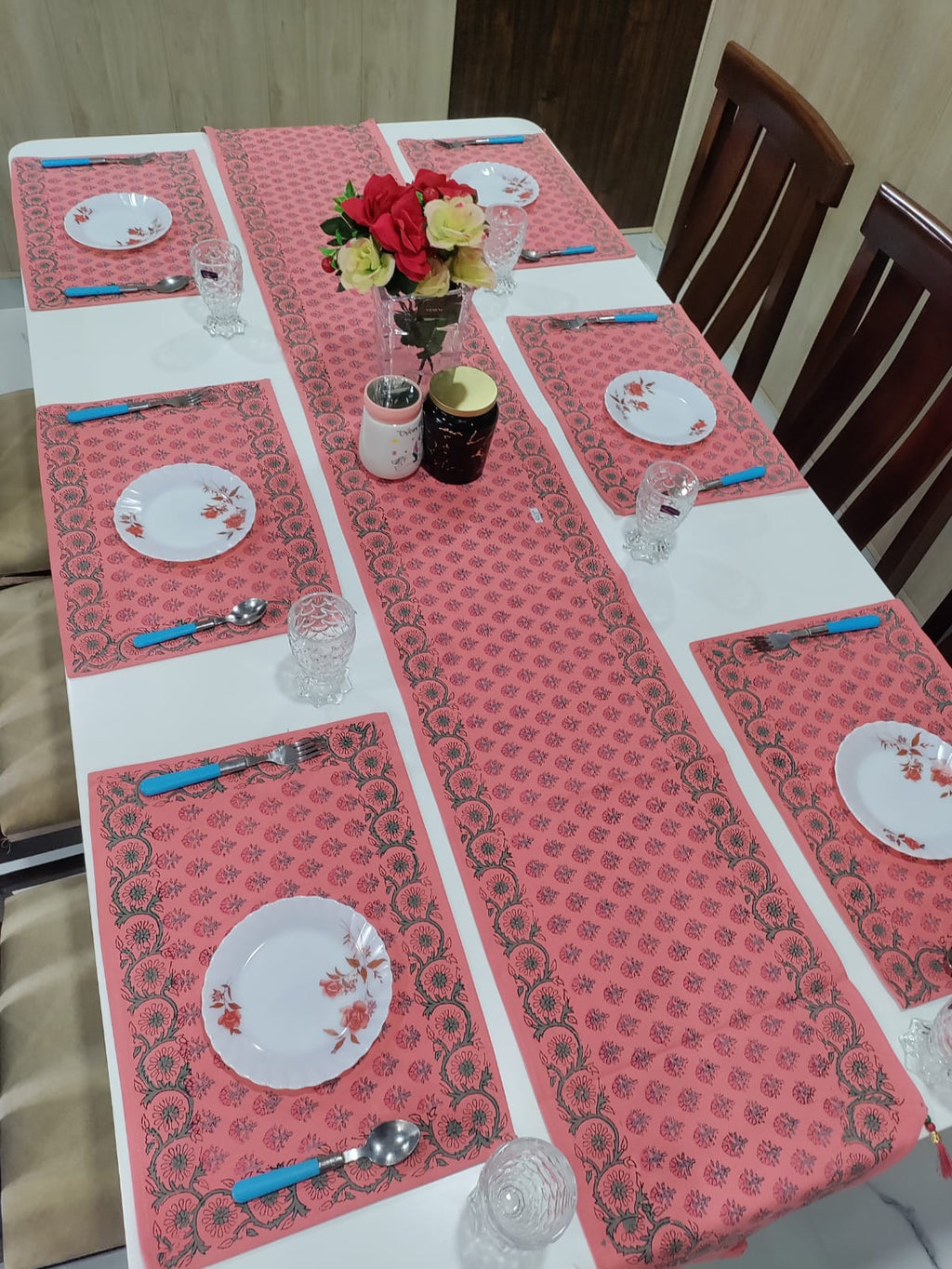 Handblock Printed Table Runner & Mat Set – 7 Pieces