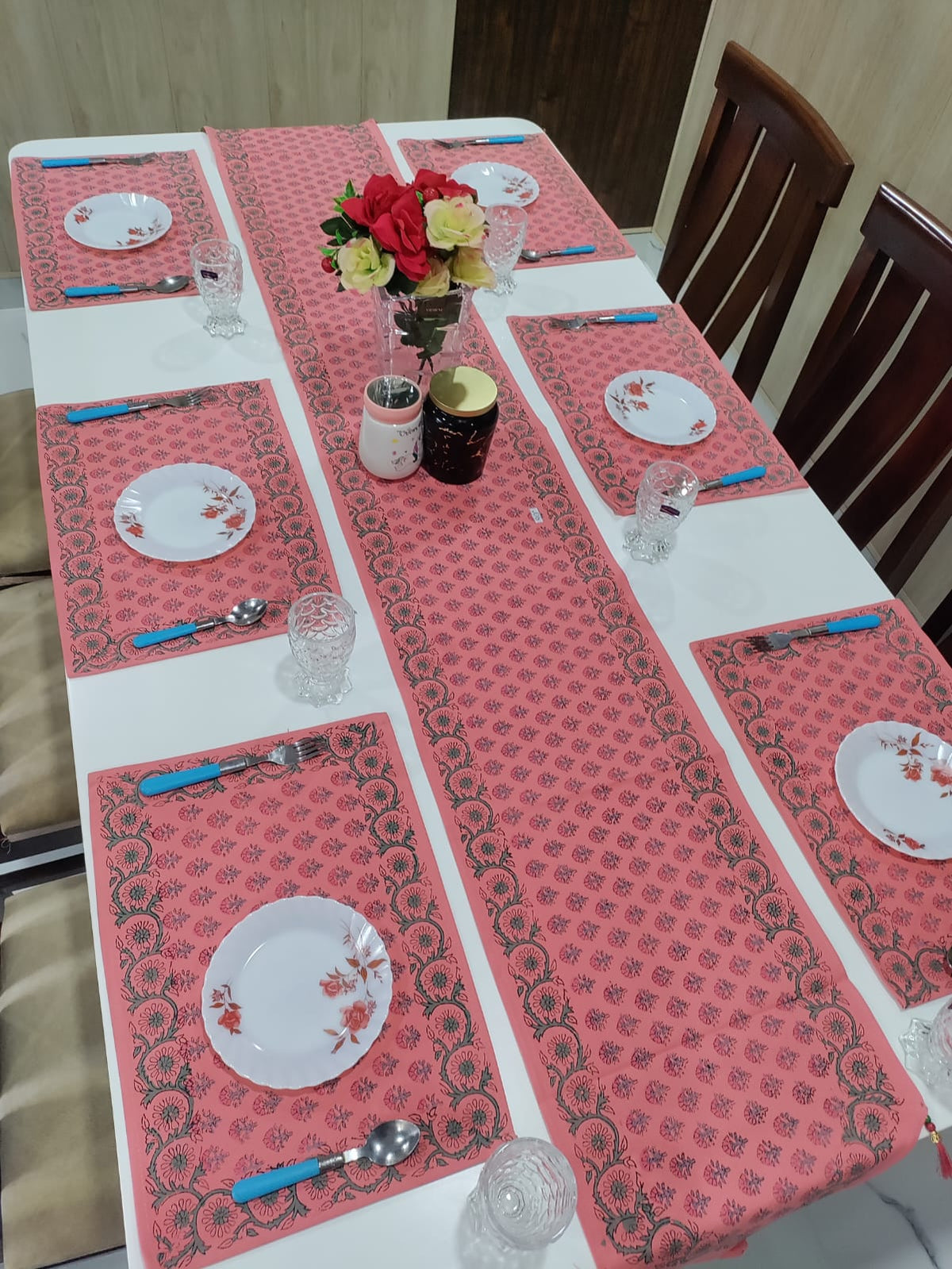 Handblock Printed Table Runner & Mat Set – 7 Pieces