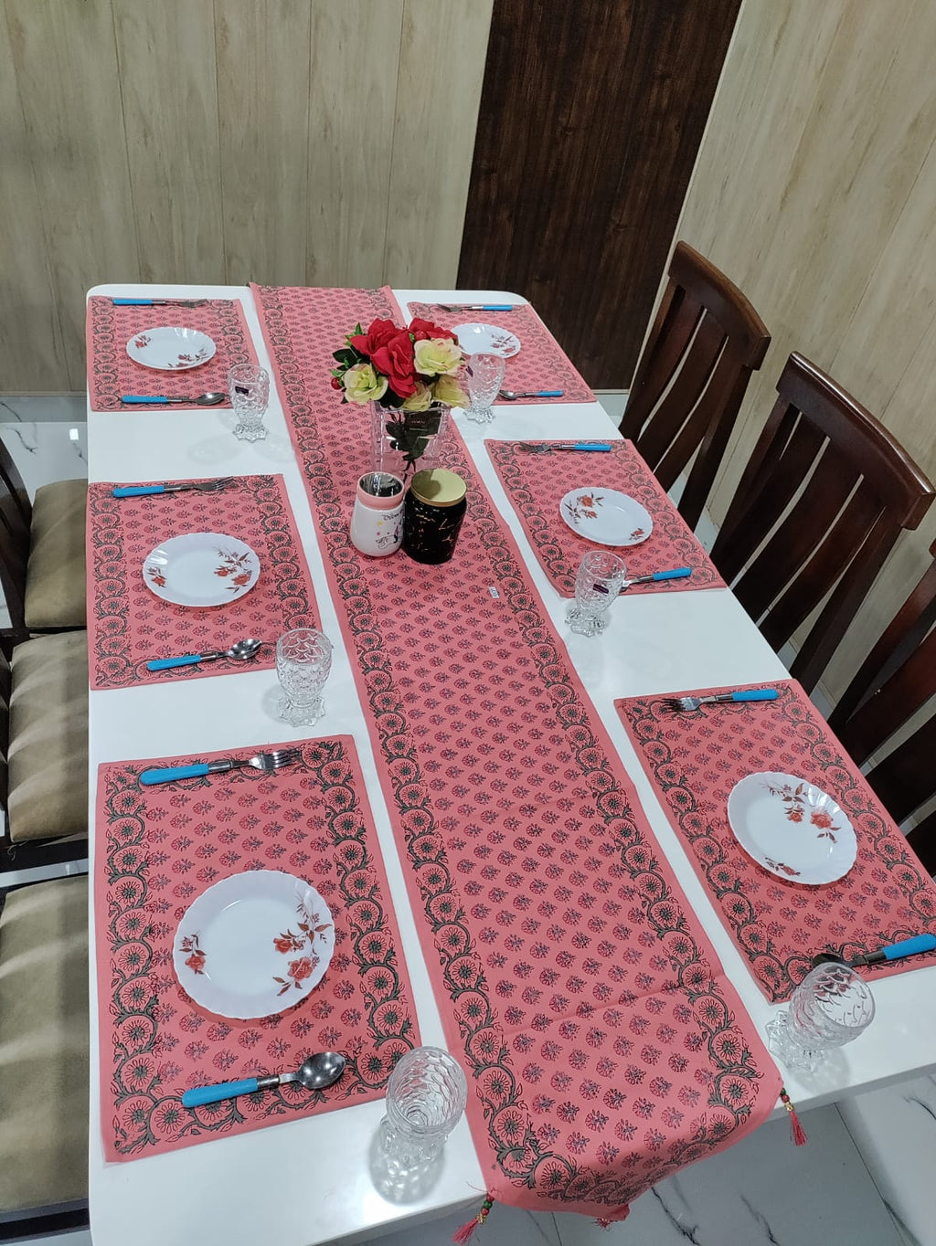 Handblock Printed Table Runner & Mat Set – 7 Pieces