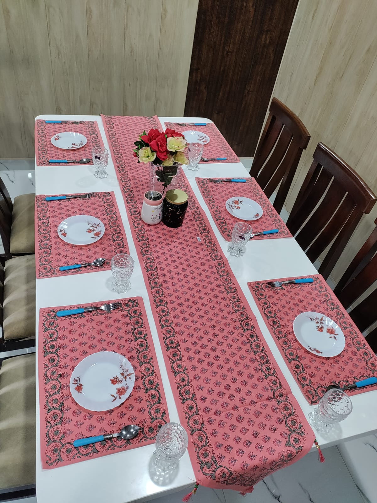Handblock Printed Table Runner & Mat Set – 7 Pieces