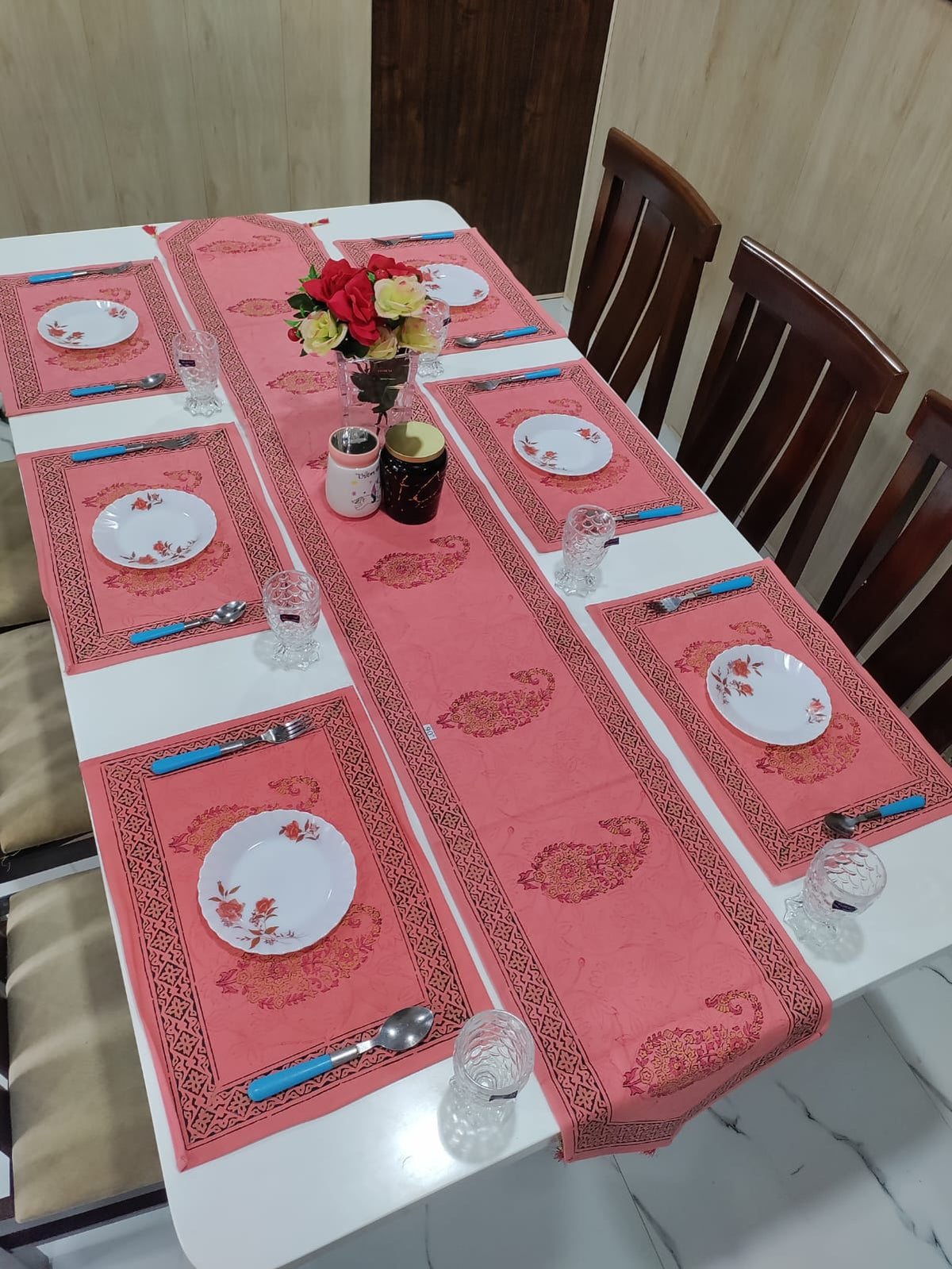 Handblock Printed Table Runner & Mat Set – 7 Pieces