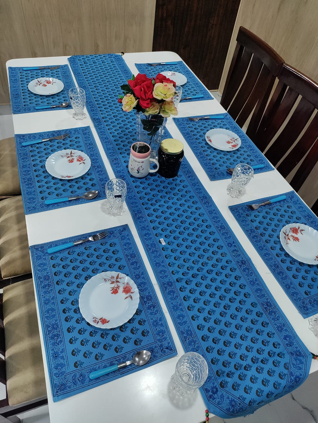 Handblock Printed Table Runner & Mat Set – 7 Pieces