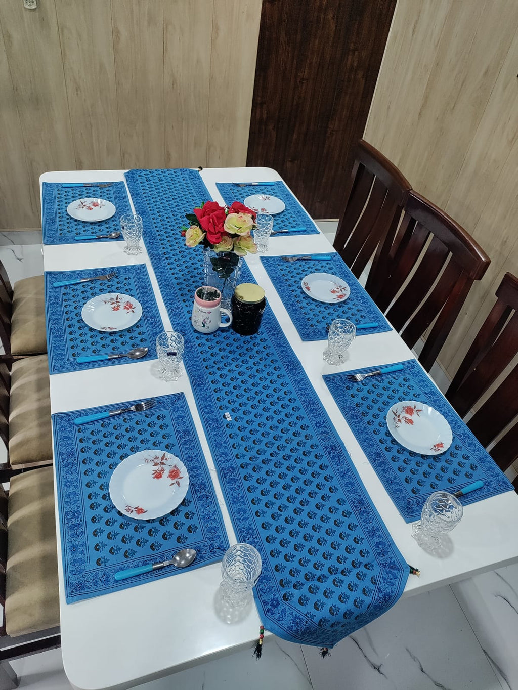 Handblock Printed Table Runner & Mat Set – 7 Pieces
