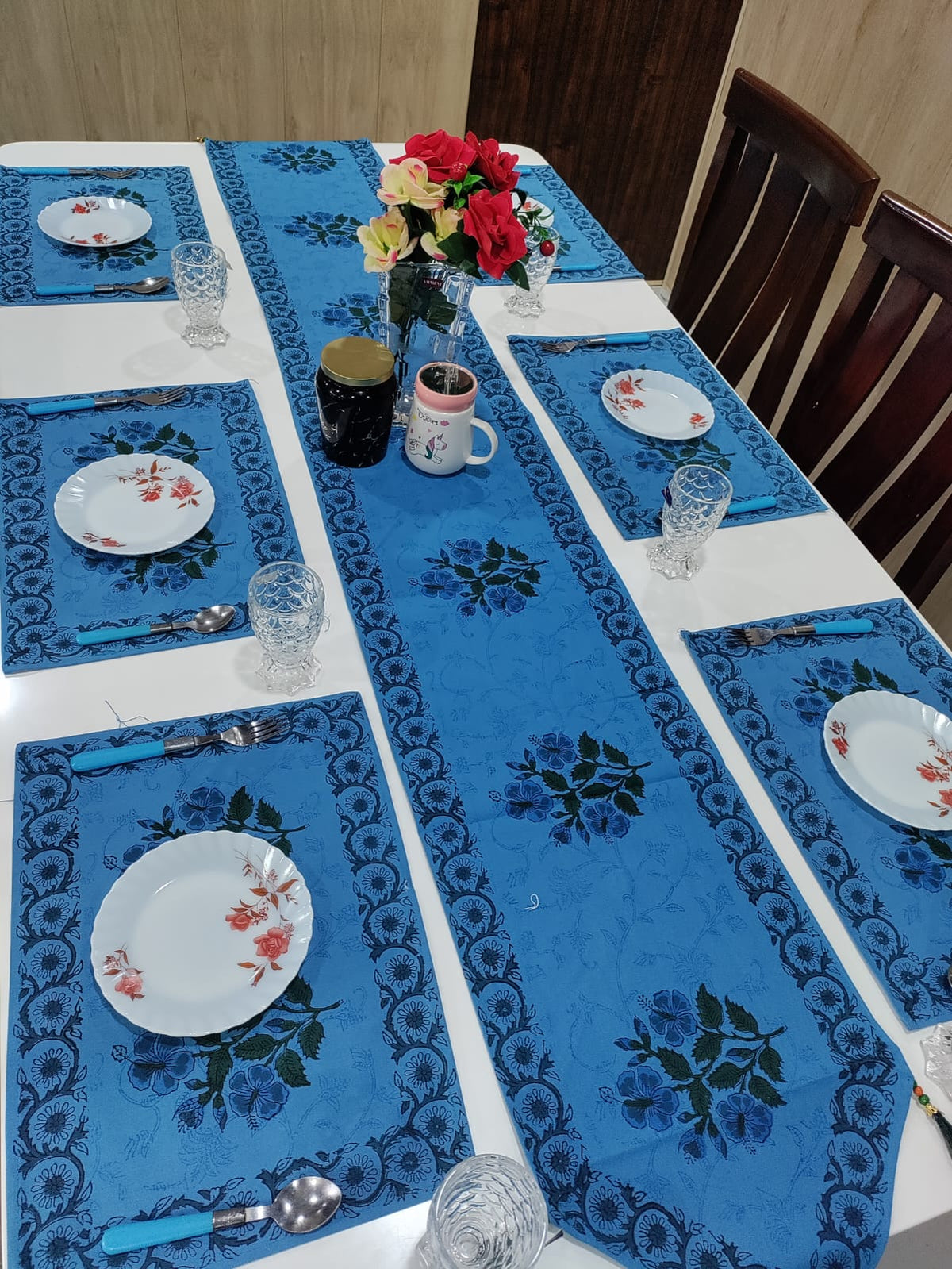 Handblock Printed Table Runner & Mat Set – 7 Pieces