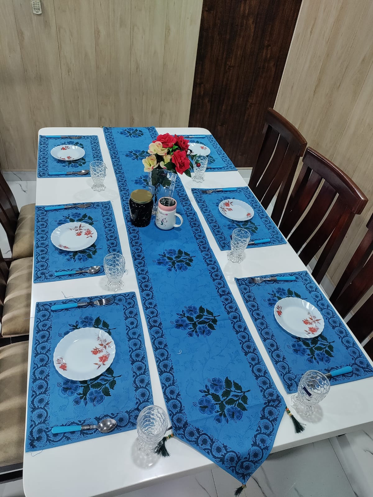 Handblock Printed Table Runner & Mat Set – 7 Pieces