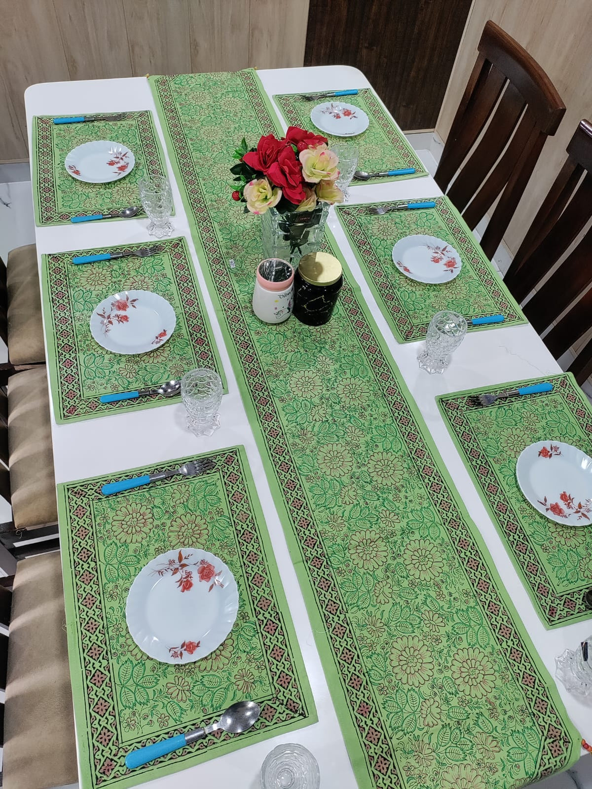 Handblock Printed Table Runner & Mat Set – 7 Pieces