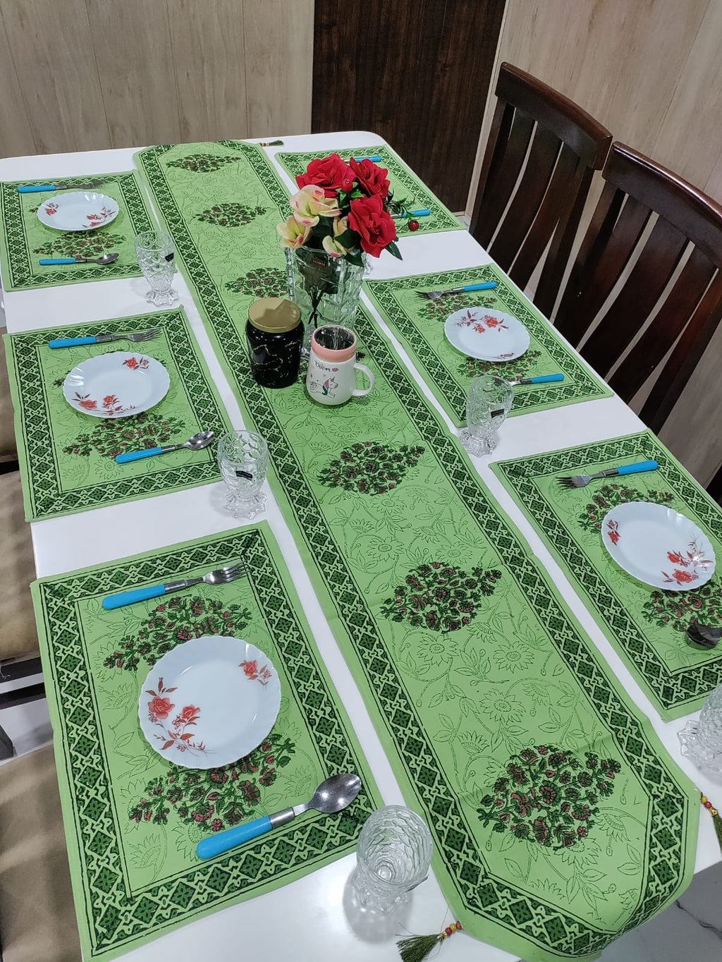 Handblock Printed Table Runner & Mat Set – 7 Pieces
