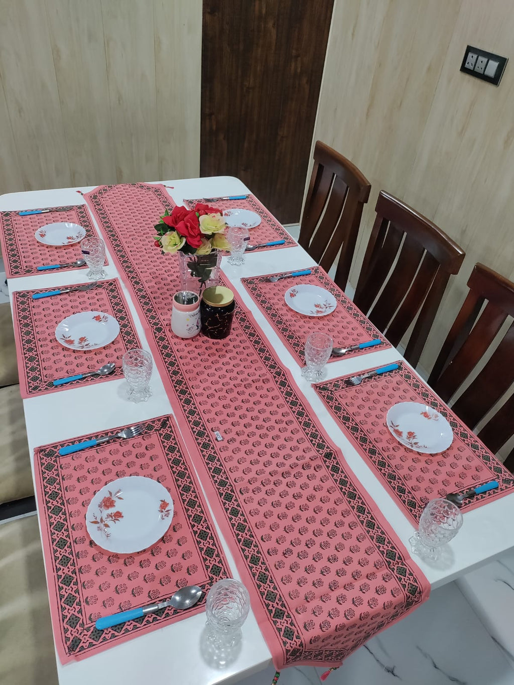 Handblock Printed Table Runner & Mat Set – 7 Pieces