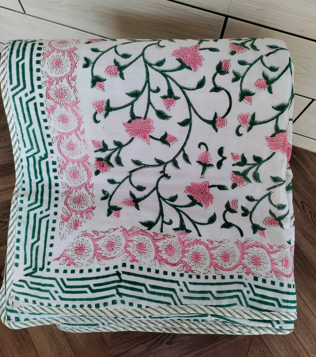 Handblock Printed Mulmul Single Dohar - Gulabi Lata