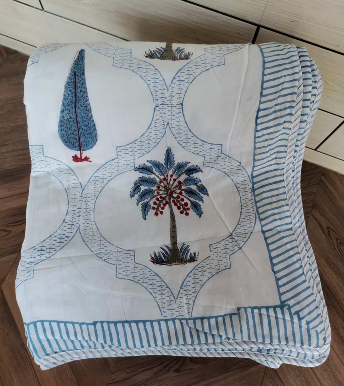 Handblock Printed Mulmul Single Dohar - Neel Mahal