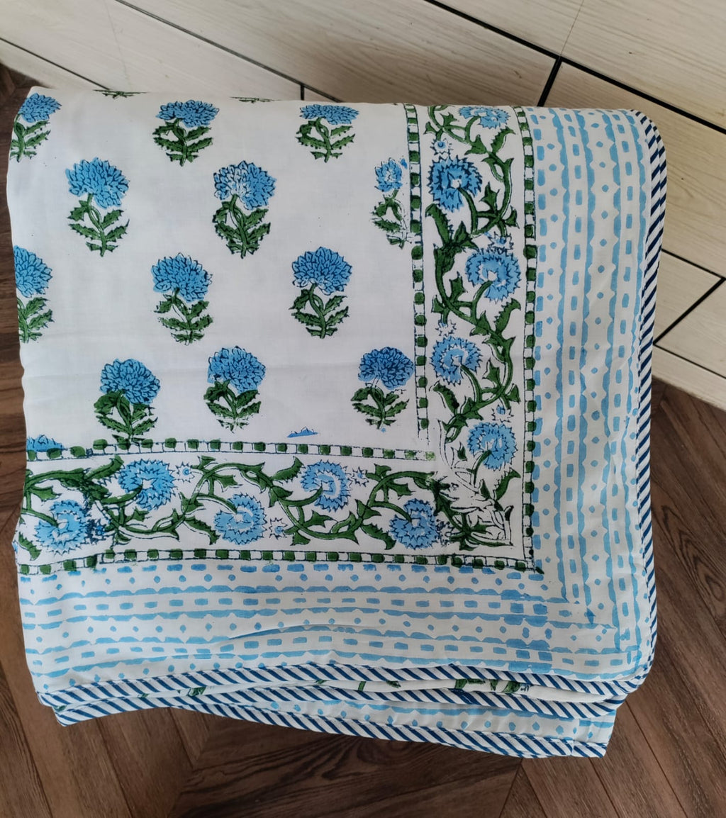 Handblock Printed Mulmul Single Dohar - Neel Jharokha